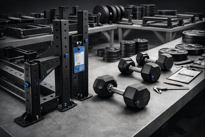 OEM fitness equipment manufacturing workshop with strength racks, dumbbells and weight plates prepared for quality control and assembly